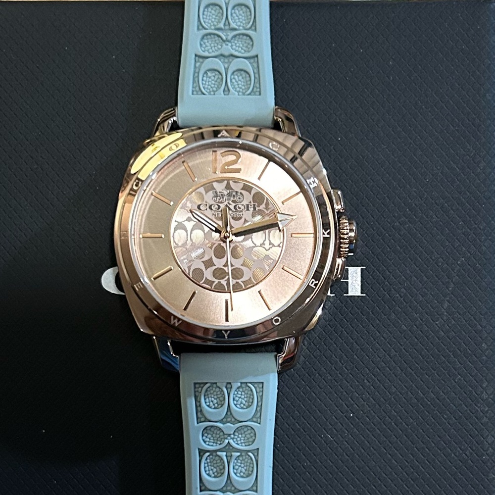 Coach Boyfriend Watch With 34mm Rose Gold Face & Light Blue Silicone Band
